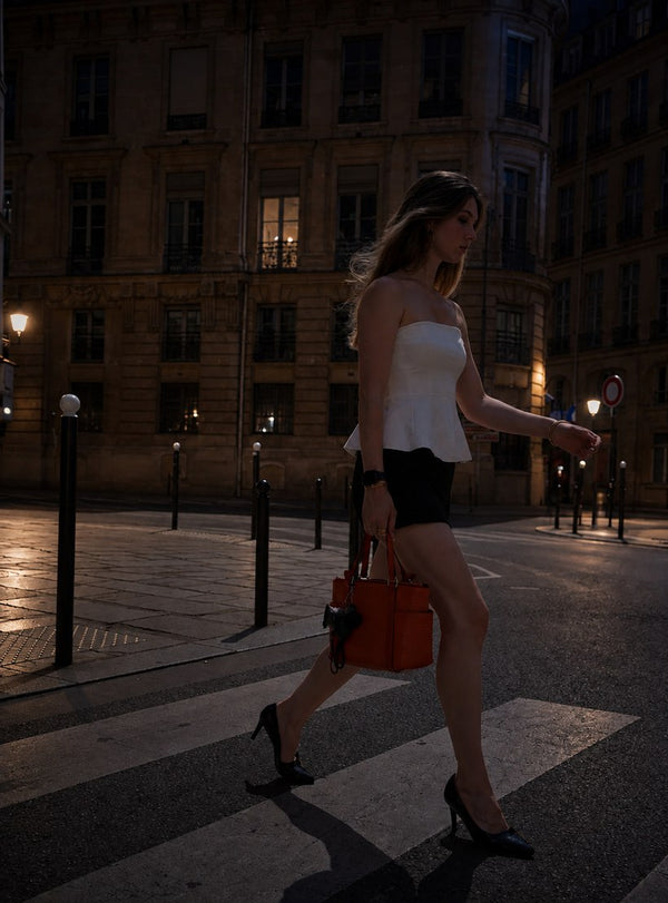 Une femme traverse une rue, le porte-clé My Self Key accroché à son sac.