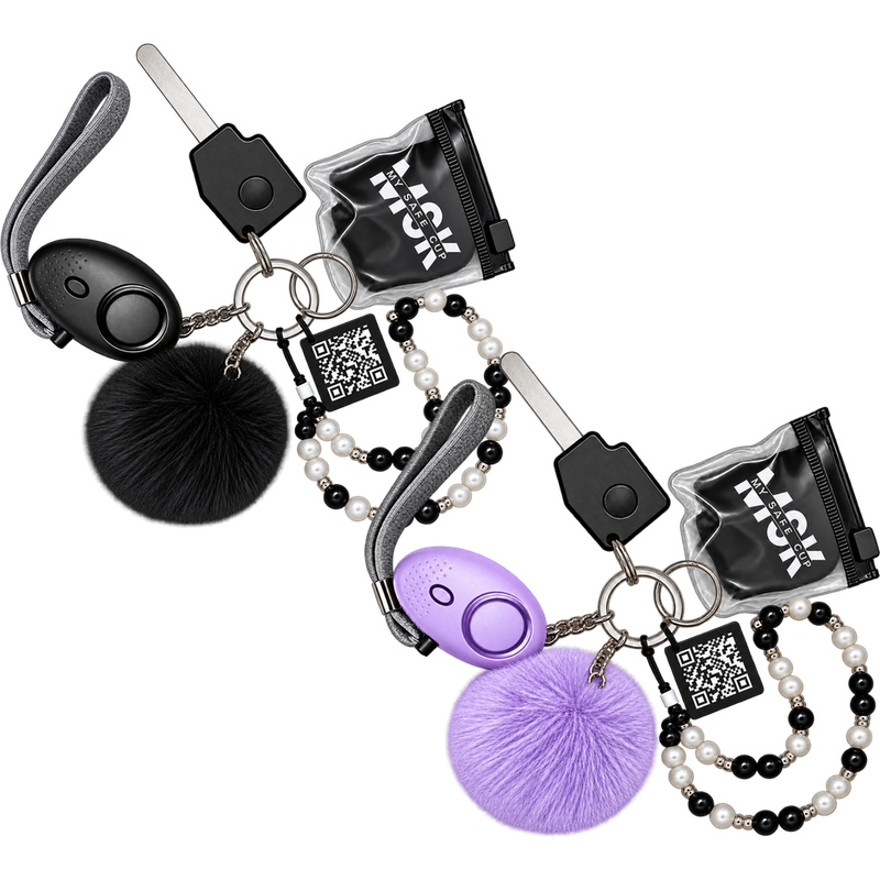 Les deux porte-clés My Self Key, en noir et en violet : la clé SOS, l'alarme sonore, la plaque QR d'urgence et la Safe Cup